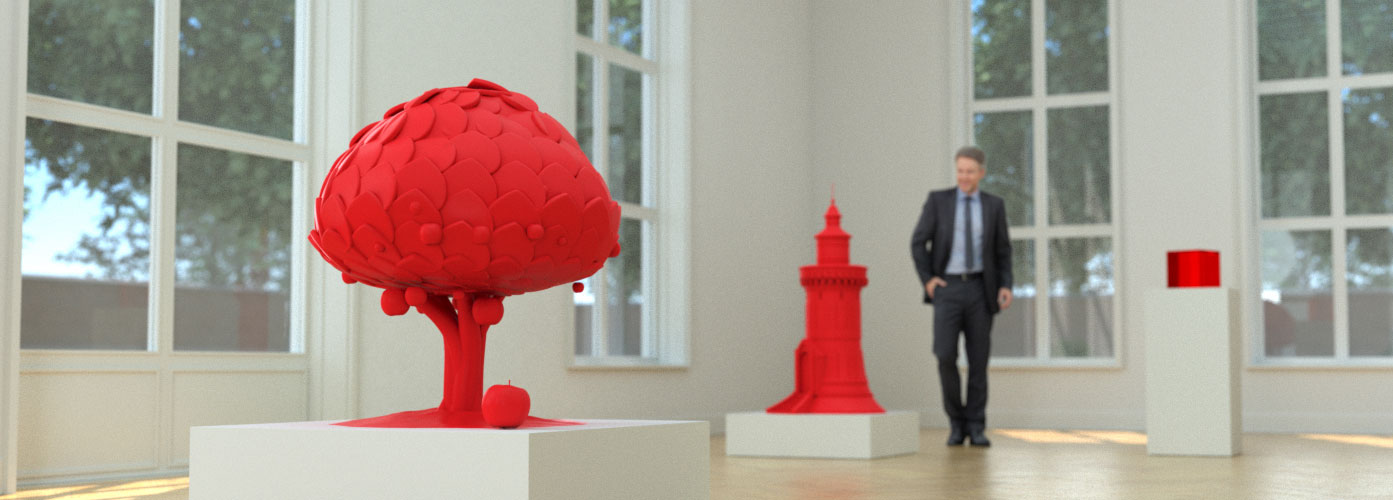 Der BAB-Museumsraum mit einem roten Baum im Vordergrund und einem Mann im Hintergrund