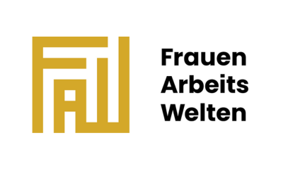 FAW steht mit goldener verschlungener Schrift, daneben der schwarze Schriftzug Frauen Arbeits Welten.
