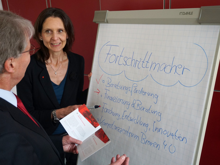 Andrea Schlüterbusch und Michael Thomas arbeiten an der Flipchart