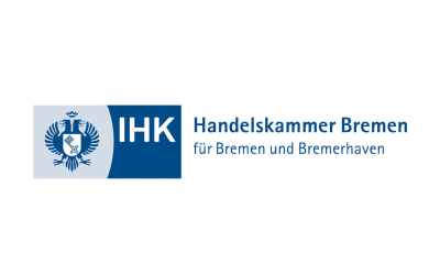 Das Logo der IHK Bremen zeigt die Abkürzung neben einem zweiköpfigen Adler mit Bremer Schlüssel. Rechts davon steht der Schriftzug: Handelskammer Bremen für Bremen und Bremerhaven.