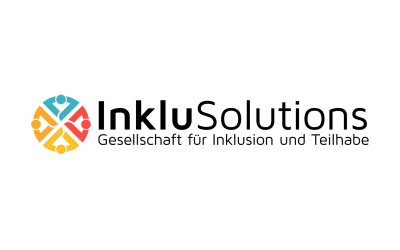 Das Logo von Inklusolutions zeigt den Namen neben einem Kreis aus vier Vierteln in blau, rot, orange und gelb. Darunter steht der Schriftzug: Gesellschaft für Inklusion und Teilhabe.