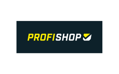 Das Logo von Profishop zeigt den Namen in gelber und weißer Schrift vor einem schwarzen Hintergrund. Rechts daneben ist eine abstrakte Form in gelb und weiß.