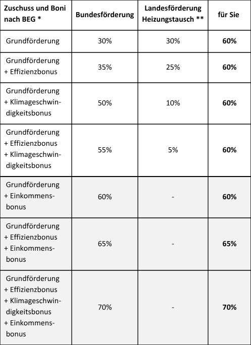 Eine Tabelle mit dem Förderbeispiel eines Einfamilienhauses Eine Tabelle mit dem Förderbeispiel eines Einfamilienhauses