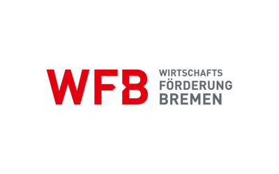 Das Logo der WFB zeigt das Kürzel in roten Buchstaben. Daneben steht: Wirtschaftsförderung Bremen.