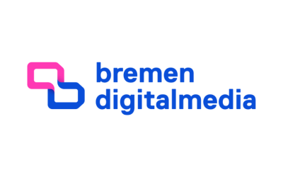 Das Logo von Bremen Digitalmedia zeigt den Schriftzug des Unternehmens in blauer Farbe neben zwei miteinader verbunden Rechtecken in pink und blau.