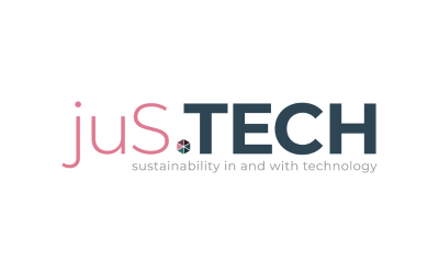 Das Logo von jus.Tech zeigt den Namen in rot und schwarz mit derm Schriftzug: sustainability in and with technology.